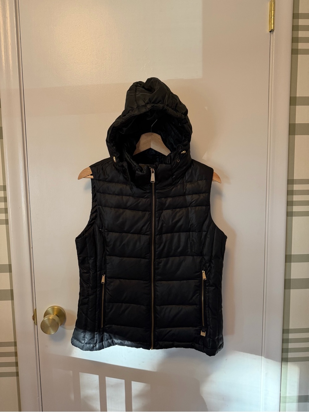 Michael Kors Black Hooded Quilted Puffer Vest with gold hardware- Women